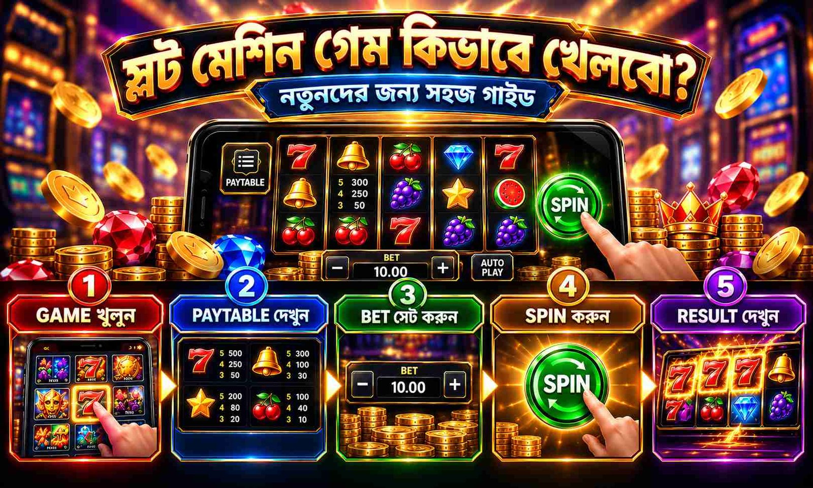 স্লট মেশিন গেম খেলার ধাপ - Paytable, Bet, Spin এবং Result