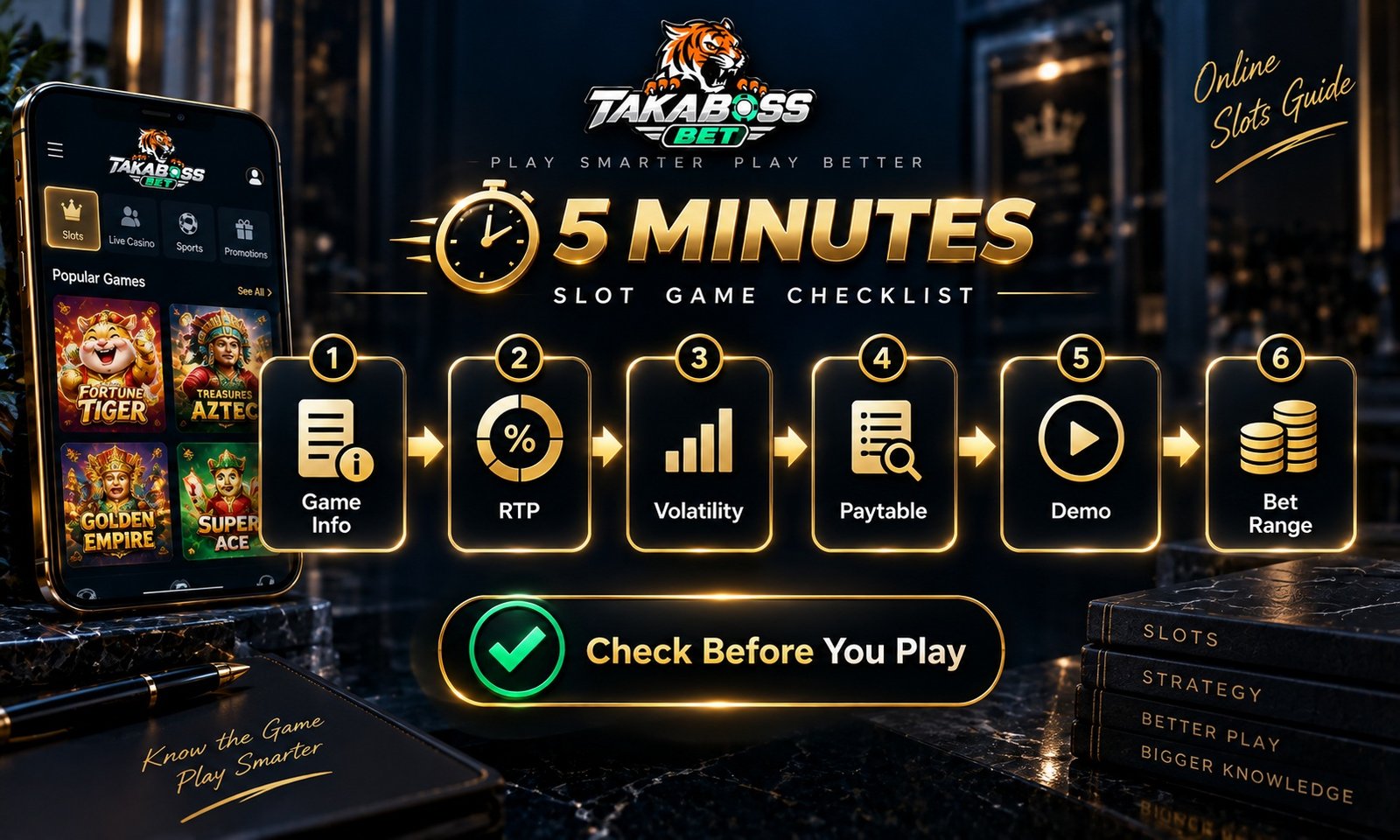 Slot game checklist for checking Game Info, RTP, Volatility, Paytable, Demo and Bet Range