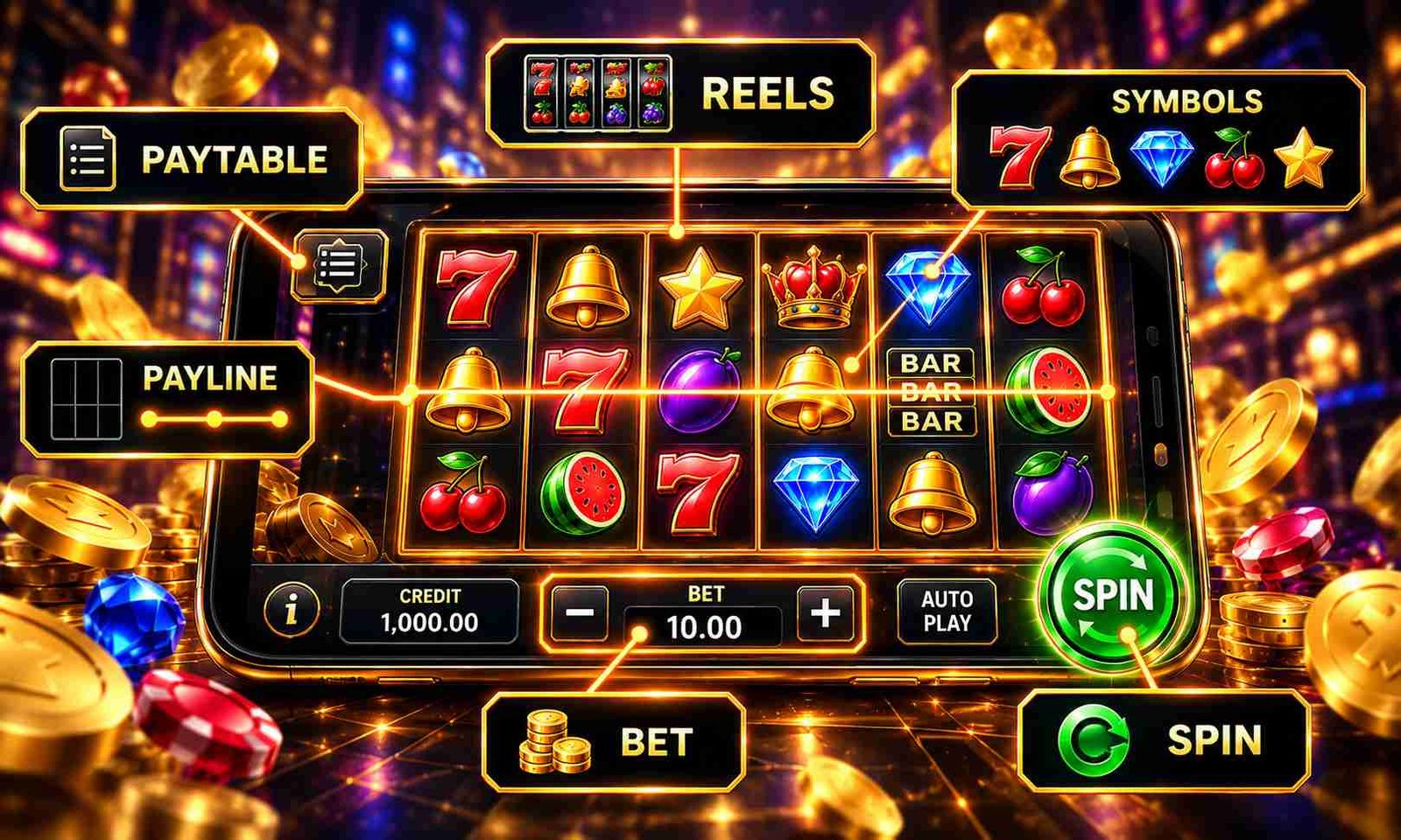 স্লট মেশিনের Payline Paytable Bet Reel এবং Spin Button