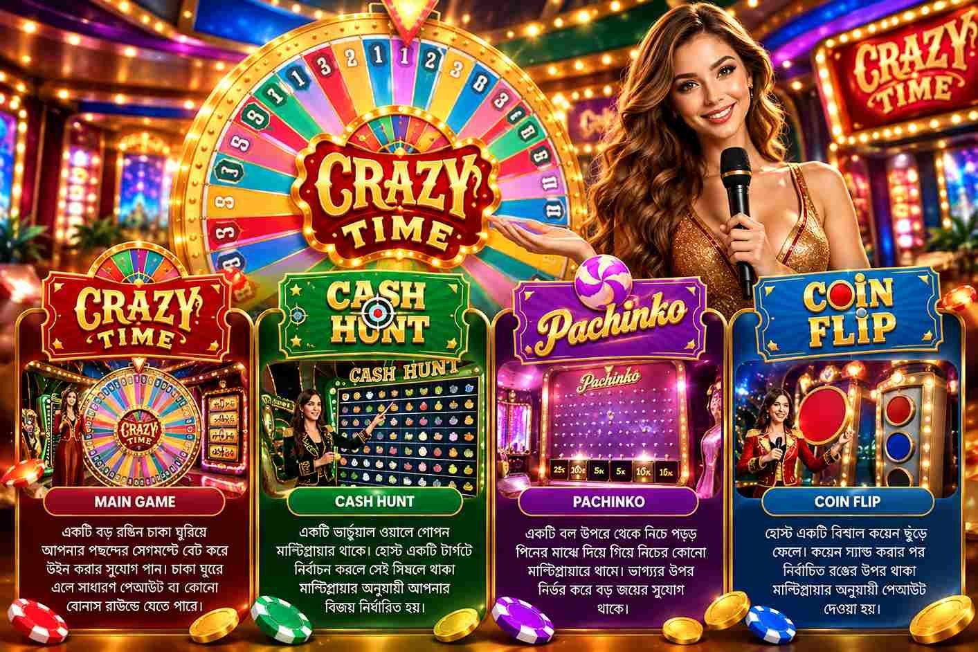 Crazy Time four bonus rounds Cash Hunt Coin Flip Pachinko and Crazy Time